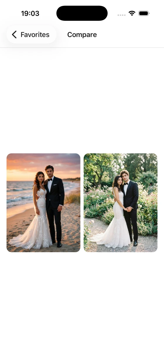 FitWed app: comparing two saved looks side by side