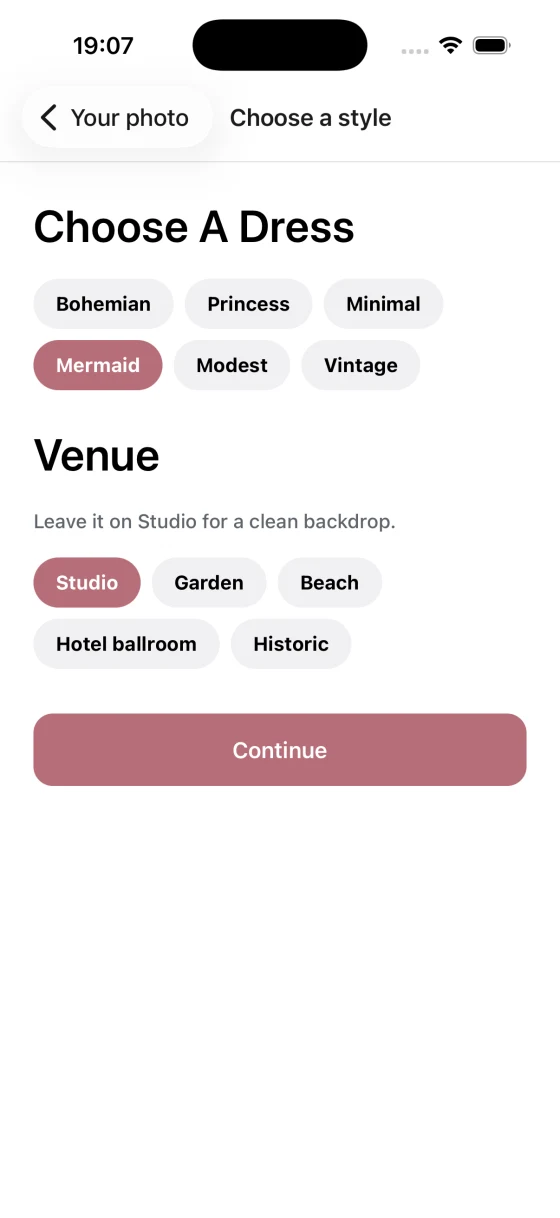 FitWed app: choosing a dress style and venue