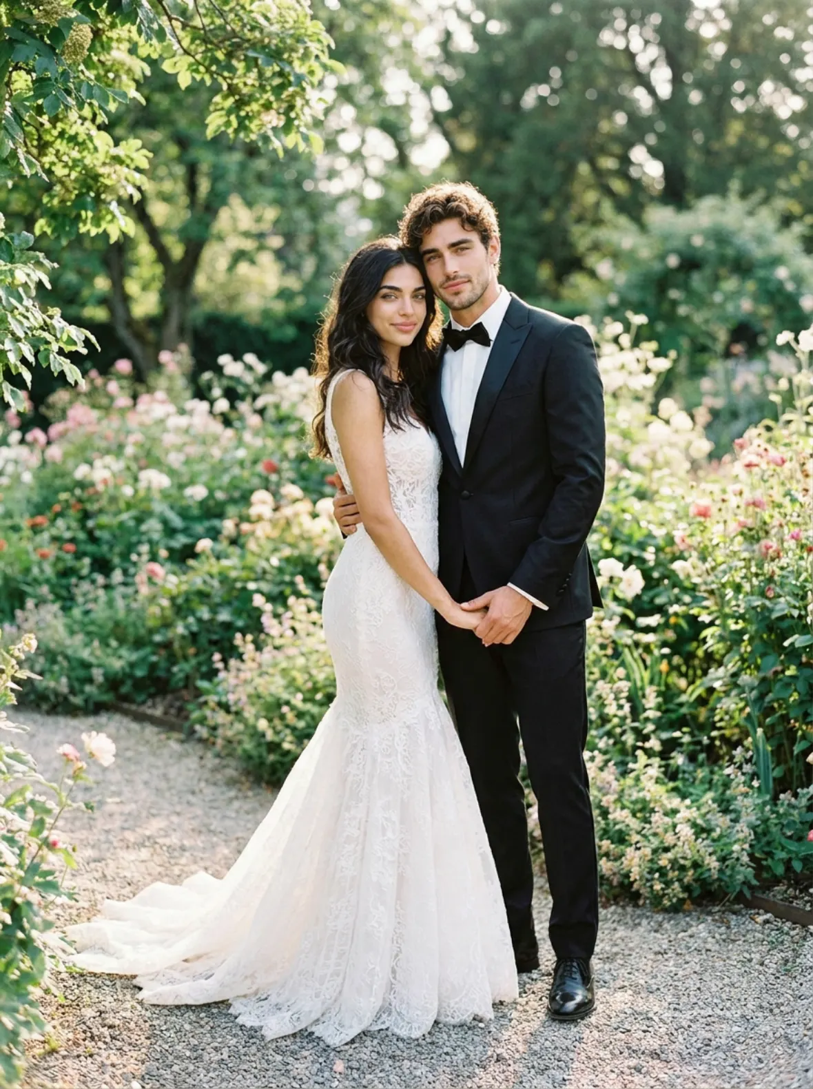 AI-generated wedding portrait of a couple in a rose garden