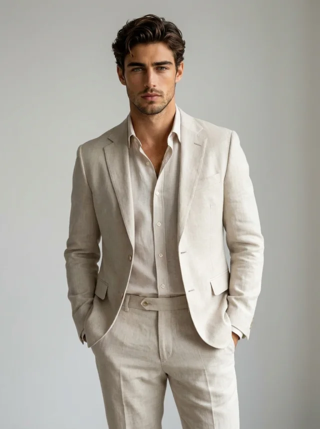 Groom in a beige linen suit